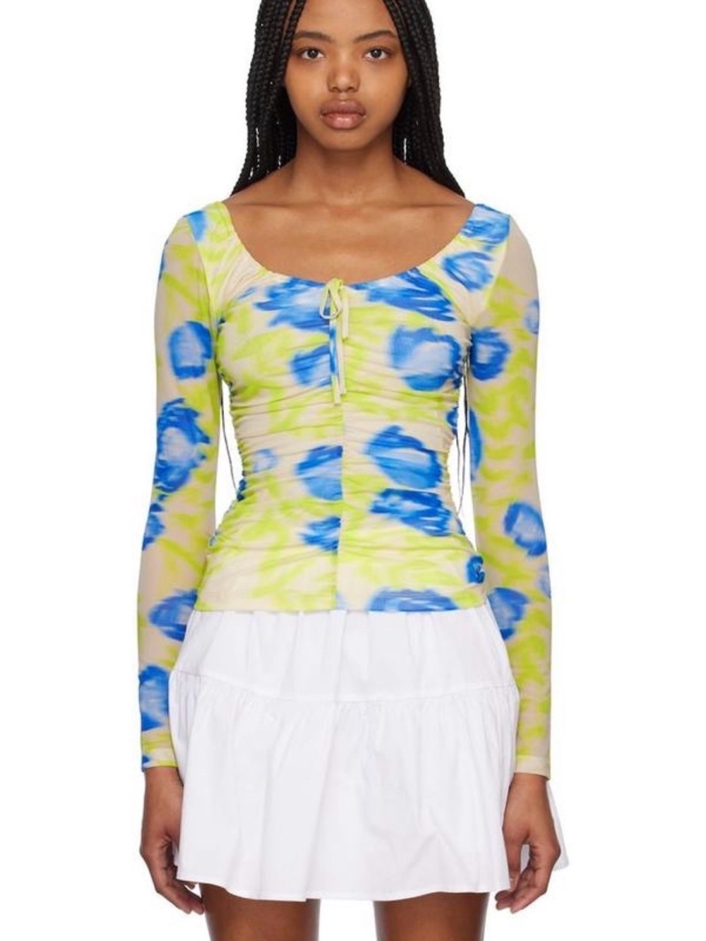 GANNI Ruched Floral Mesh Long Sleeve Top